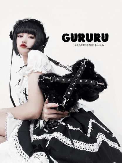 Studs Decorated Black Plush Bone-shaped Bag