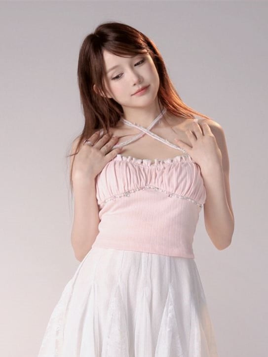 Bead Details Pink Cami Top Ruffle Trim