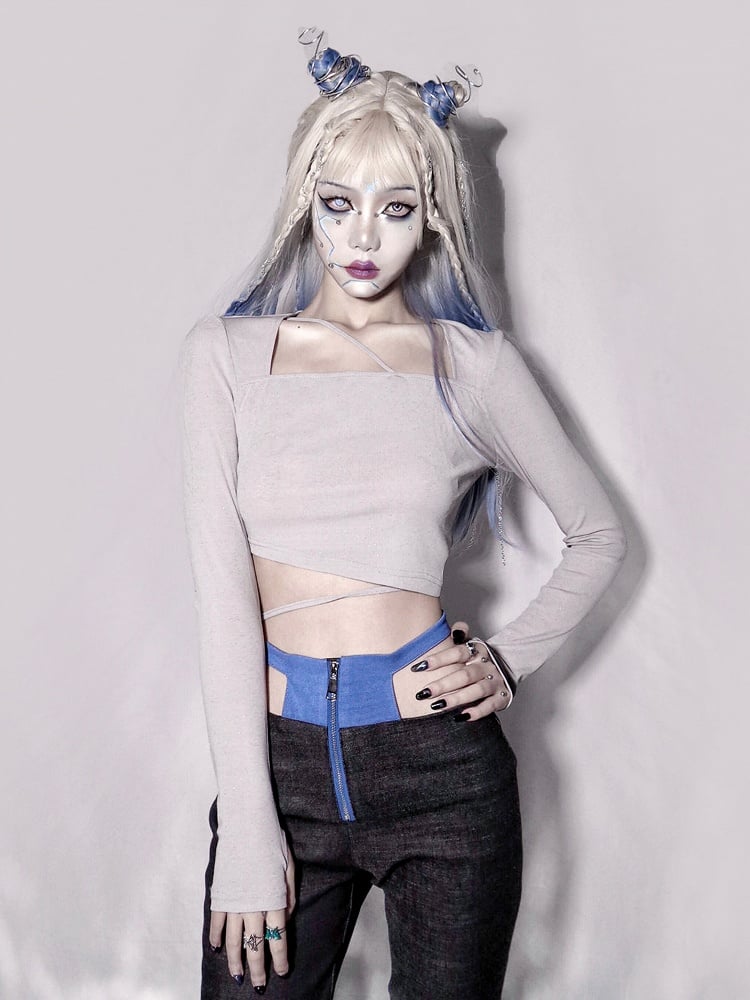 Asymmetrical Waist Long Sleeves Shinny Gray Knitted Top