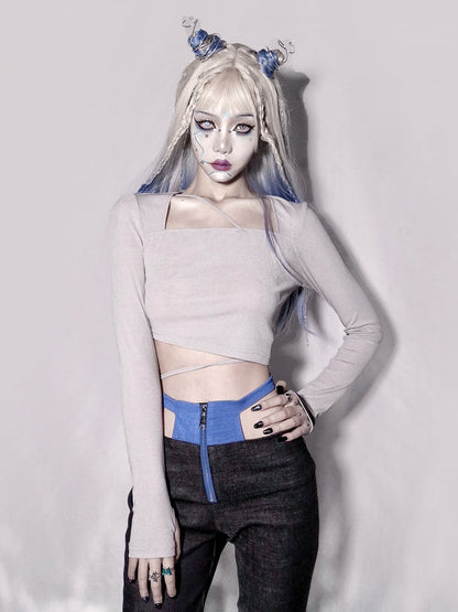 Asymmetrical Waist Long Sleeves Shinny Gray Knitted Top