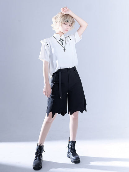 Glimpse Gossip Candlestick Embroidery Handkerchief Hem Ouji Shorts