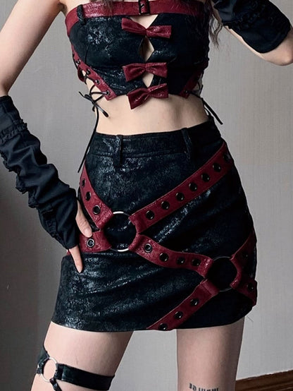 Crisscross Straps Decorated Faux Fur Moto Biker Mini Skirt Music Festival Outfits