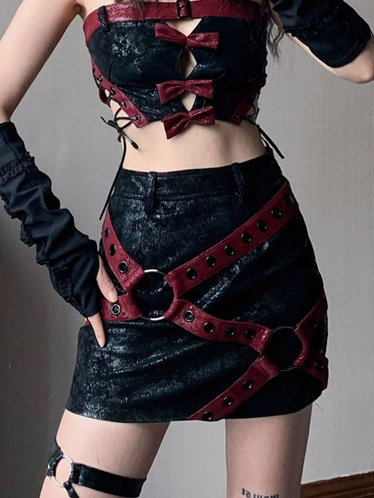 Crisscross Straps Decorated Faux Fur Moto Biker Mini Skirt Music Festival Outfits