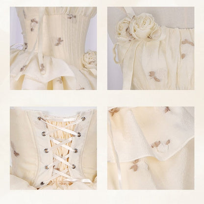 Light Yellow Floral Pattern Boned Bodice Jumper Skirt with Rosette Brooches Short Version