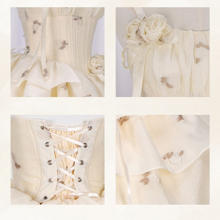 Light Yellow Floral Pattern Boned Bodice Jumper Skirt with Rosette Brooches Long Version