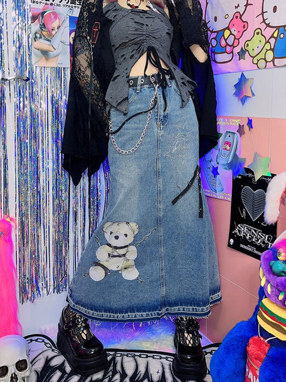 Faded Wash Little Bear Print Denim Skirt Pins Zip Decorated Raw Hem