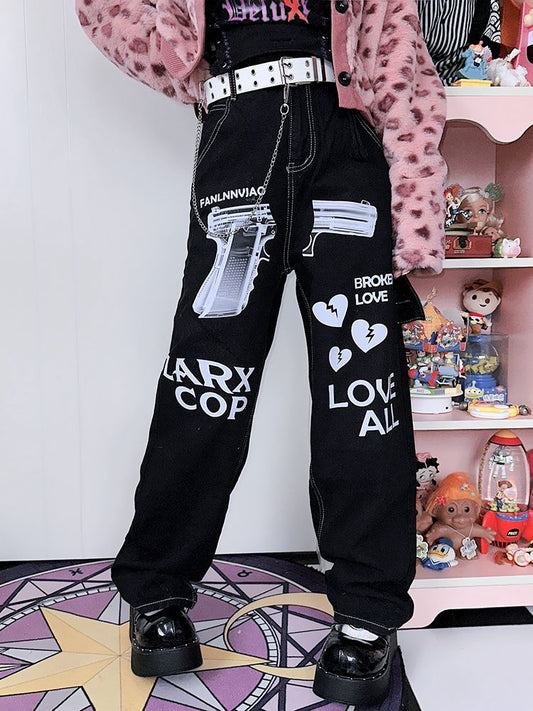 Letters Print Black Jeans