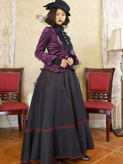 Dark Purple Lace-up Detail Velvet Jacket and Black Vintage Victorian Skirt Set