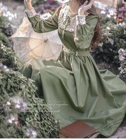 Floral Embroidery Green Vintage Dress Ruffle Neckline Puff Sleeves