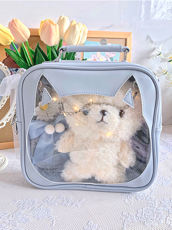 Cat Head-shaped Window Light Blue PU Square Ita Bag