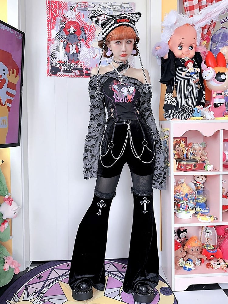 Cross Embroidery Lace Trim Fishtail Pants with Belt