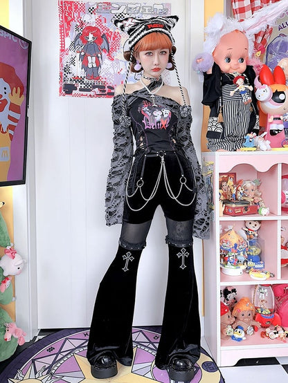 Cross Embroidery Lace Trim Fishtail Pants with Belt