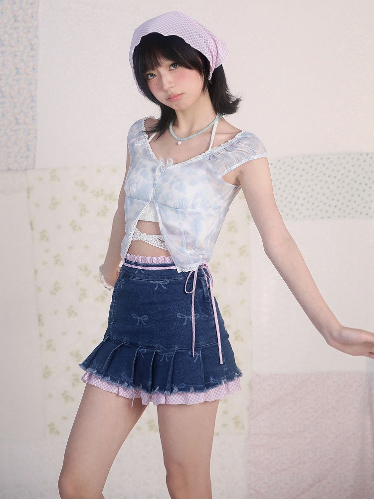 Blue Floral Print V-neck Top Lace Trim