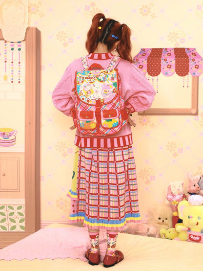 Magic Restaurant Floral and Cartoon Elephant Print PU Red Plaid Backpack