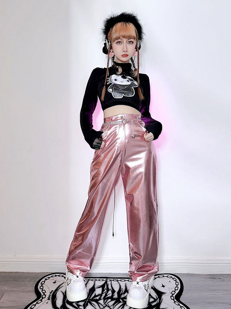 Futuristic Cyberpunk Y3K Metallic Silver/Rose Red/Blue/Green PU Pants