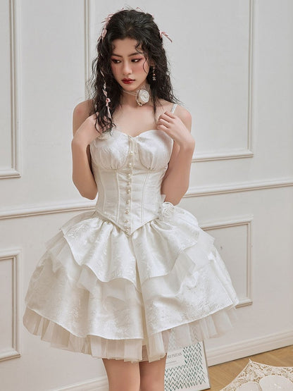 White Jacquard Tiered Skirt with Rosettes Brooch