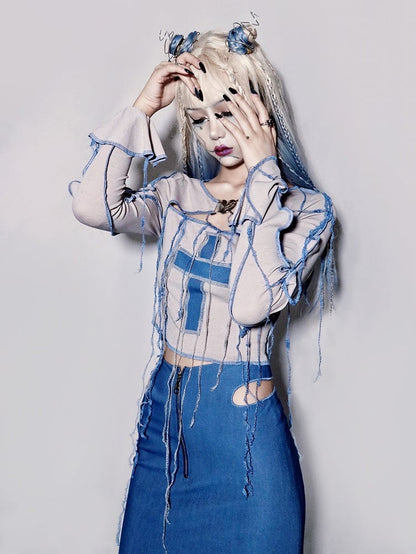 Y2K Cross Applique Tassels Bodice Knitted Top