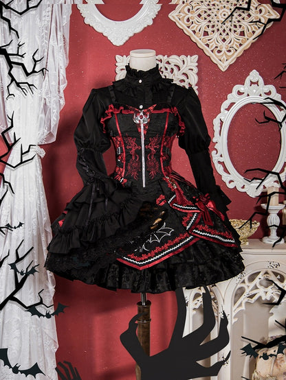 Black and Red Bat and Cross Embroidery Gothic Lolita JSK Zip Front and Buckle Side