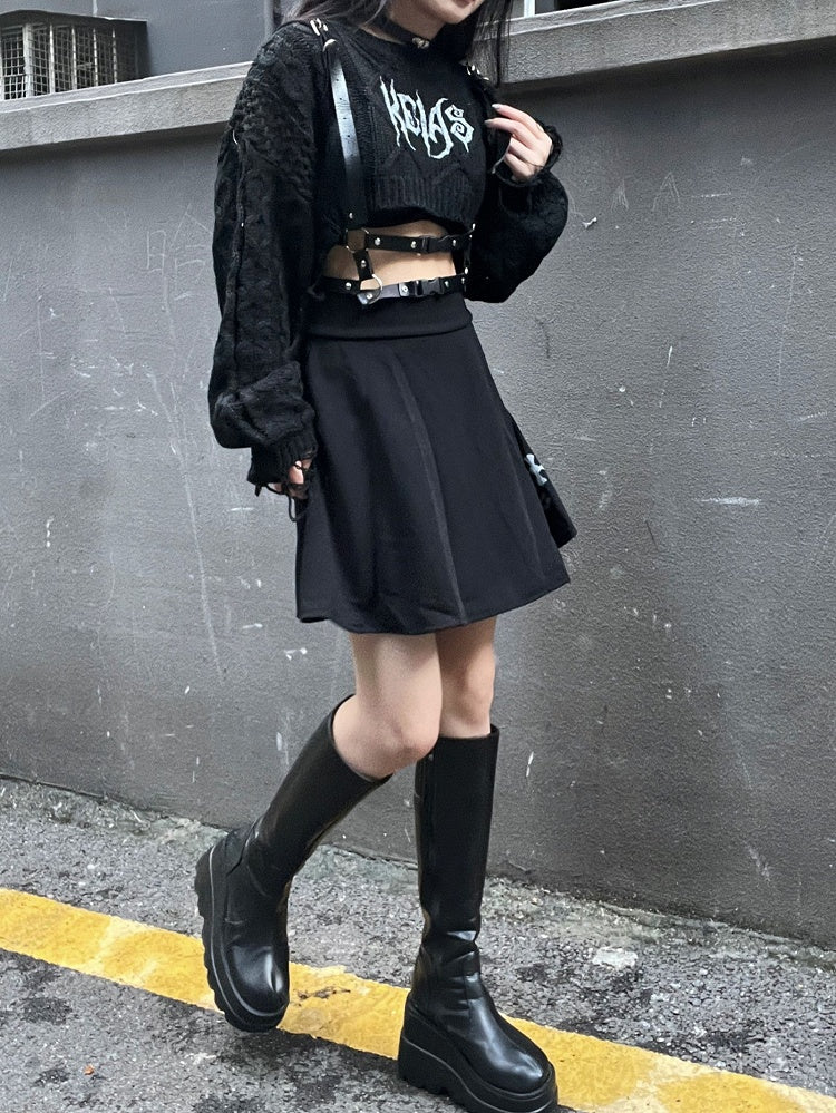 Clearance -Free Size for Bust 120CM Black Punk Round Neck Distressed Cropped Sweater