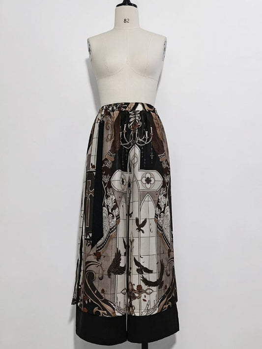 Night Command Cross Print Wide-leg Cut Pants