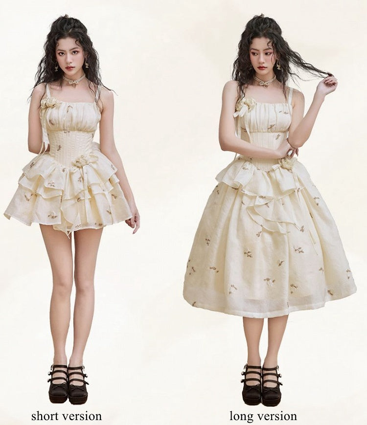 Light Yellow Floral Pattern Boned Bodice Jumper Skirt with Rosette Brooches Short Version