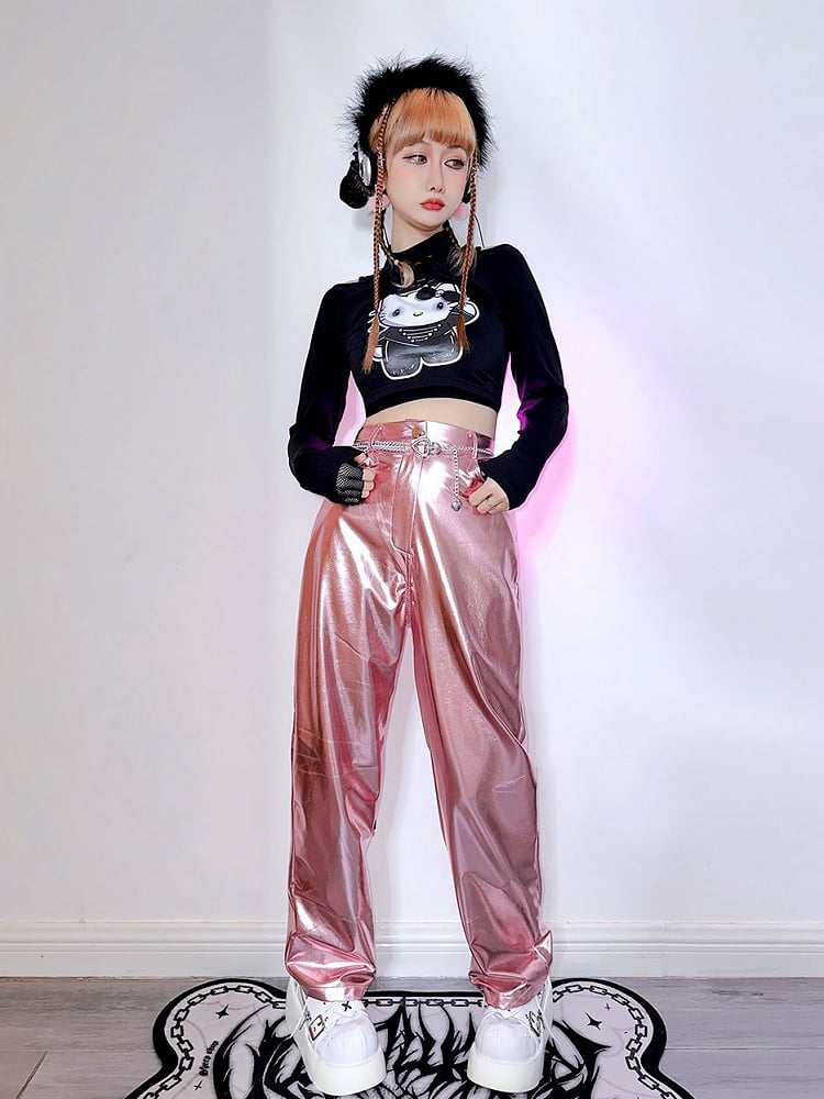 Futuristic Cyberpunk Y3K Metallic Silver/Rose Red/Blue/Green PU Pants