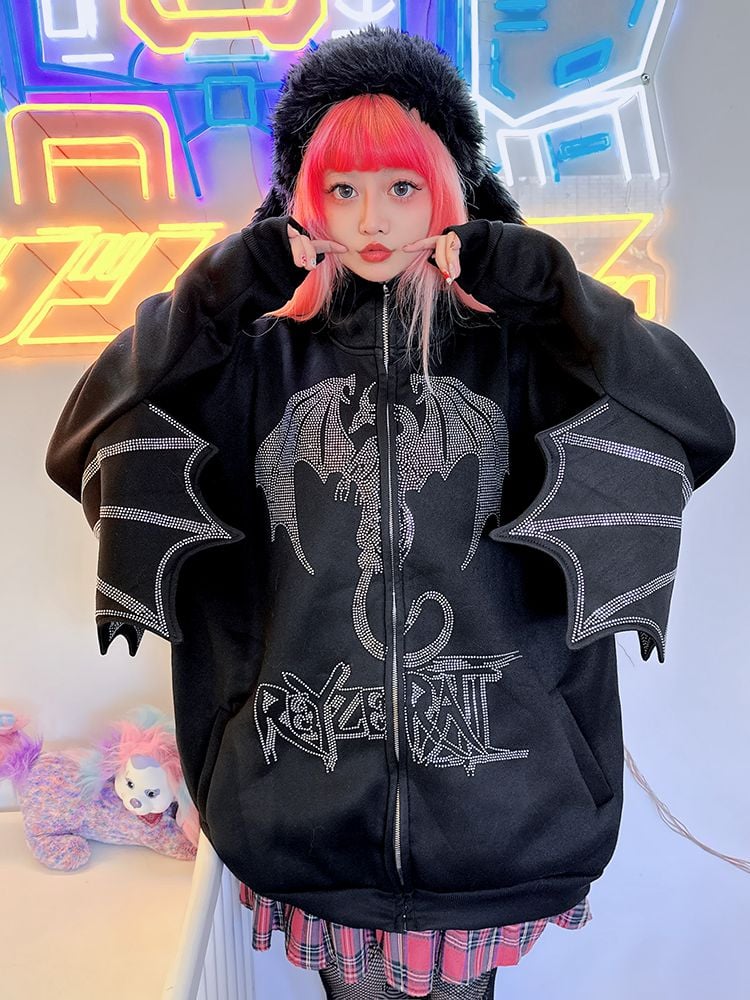 Rhinestones Dragon Decorated Wings Design Hooded Black Jacket