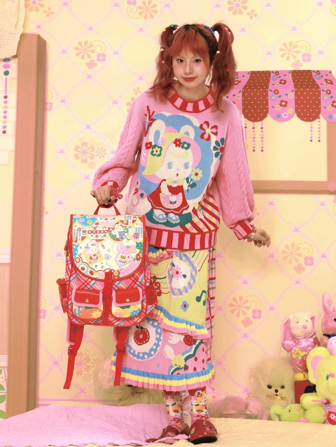 Magic Restaurant Floral and Cartoon Elephant Print PU Red Plaid Backpack