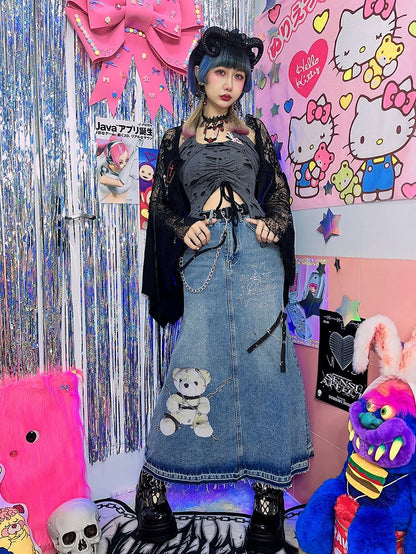 Faded Wash Little Bear Print Denim Skirt Pins Zip Decorated Raw Hem