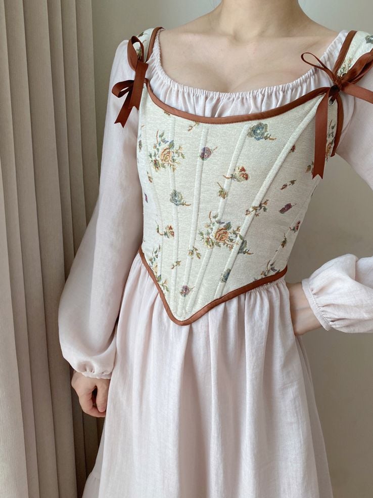 Beige Scoop Neckline Corset with Floral Pattern