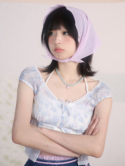 Blue Floral Print V-neck Top Lace Trim