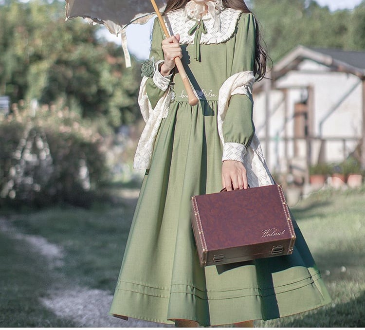 Floral Embroidery Green Vintage Dress Ruffle Neckline Puff Sleeves