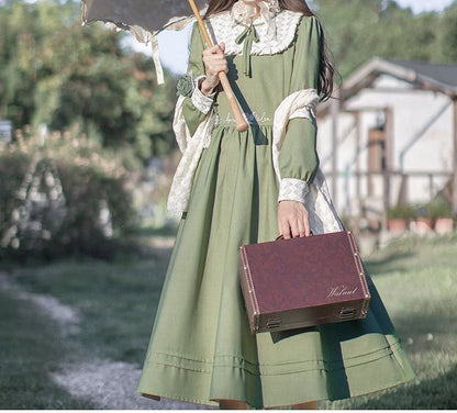 Floral Embroidery Green Vintage Dress Ruffle Neckline Puff Sleeves