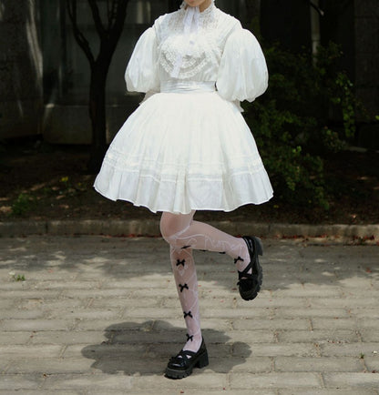 White Leg-of-Mutton Sleeves Vintage Lace Blouse and White Skirt Short Version Set