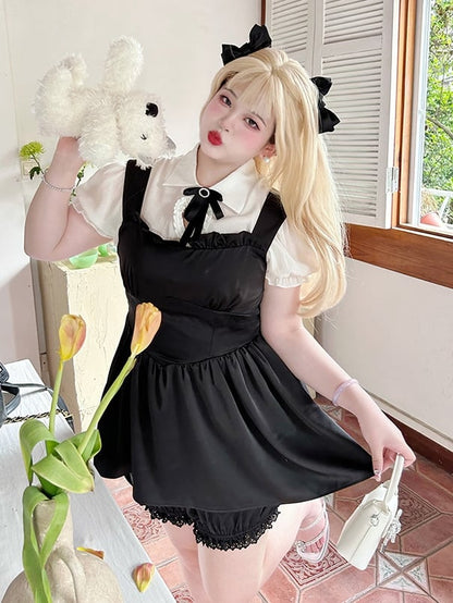 Plus Size Friendly Black Basque Waist Overalls/Lace Cuffs Bloomers