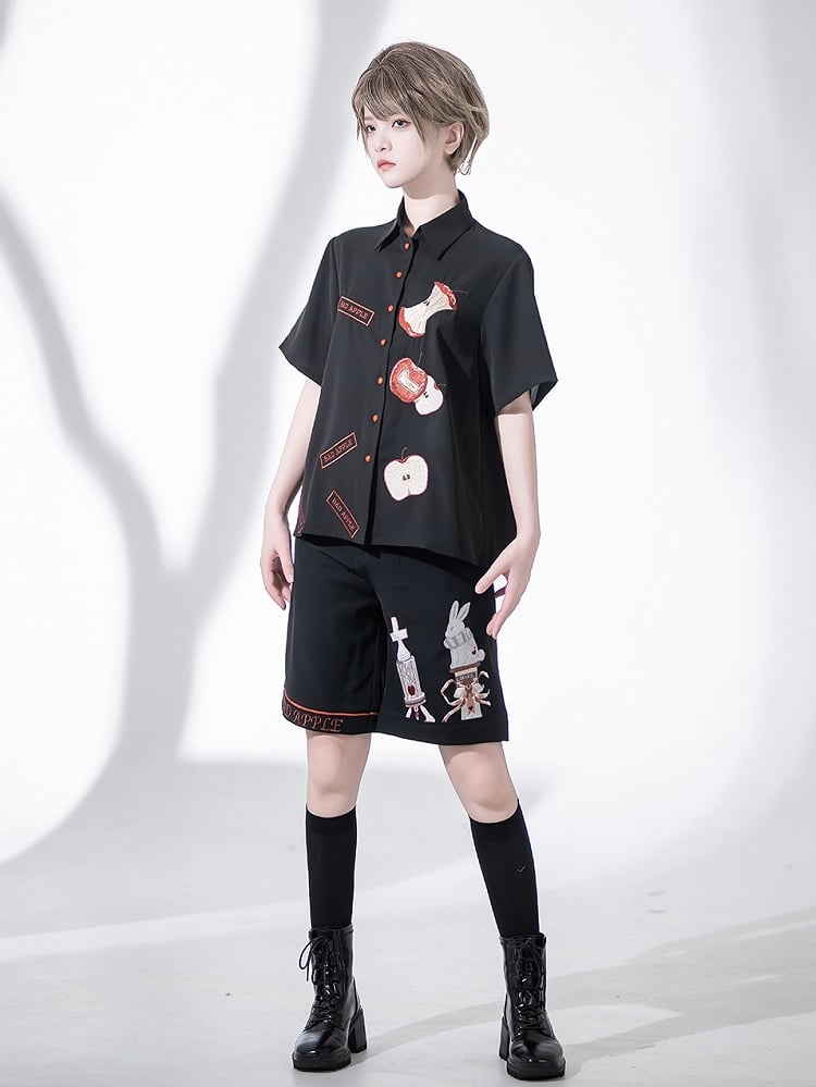 Black Summer Apple Embroidery Ouji Shirt