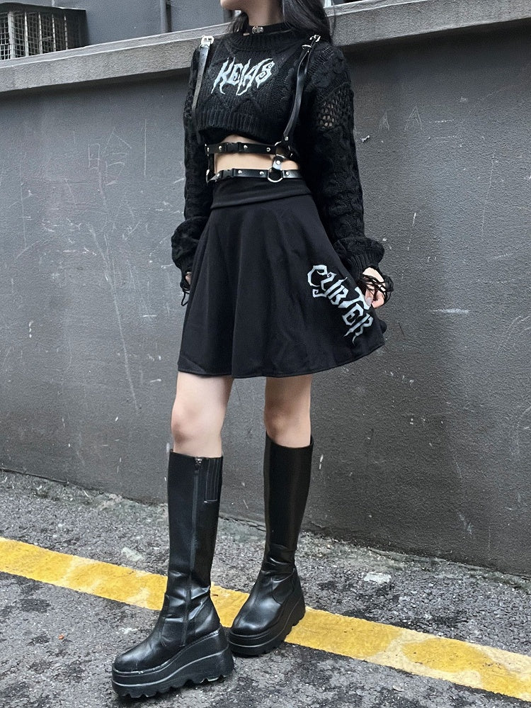 Clearance -Free Size for Bust 120CM Black Punk Round Neck Distressed Cropped Sweater