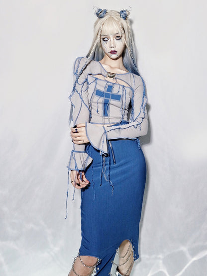 Y2K Cross Applique Tassels Bodice Knitted Top