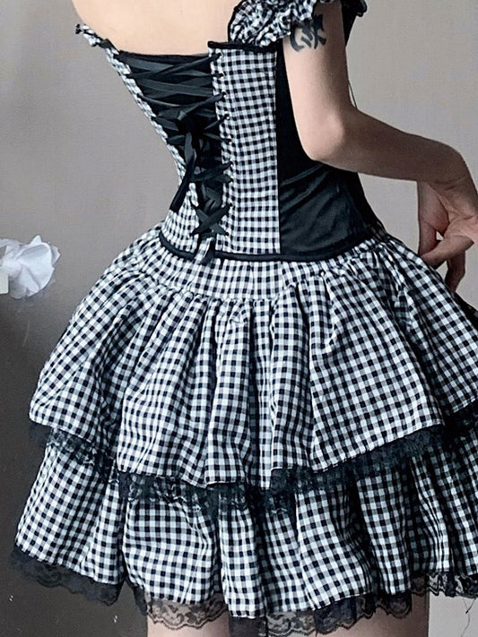 Cute Vintage Black Plaid Corset and Tiered Skirt Set