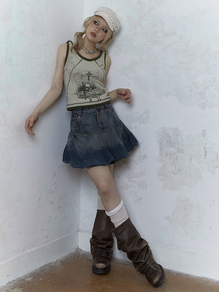 Punk Skull Print Light Green Knitted Tank Top