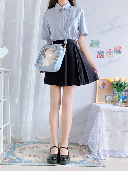 Cat Head-shaped Window Light Blue PU Square Ita Bag