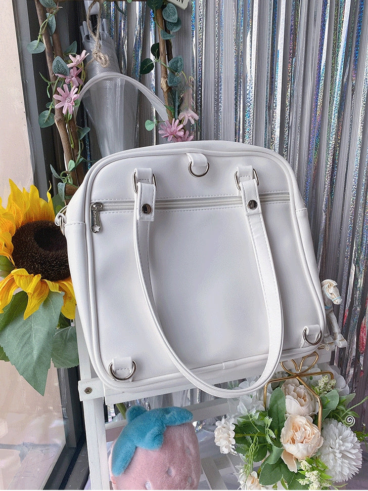 Bear Ears Design White/Wine Red/Silver PU Square Ita Bag