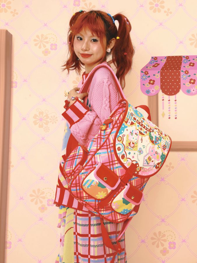 Magic Restaurant Floral and Cartoon Elephant Print PU Red Plaid Backpack