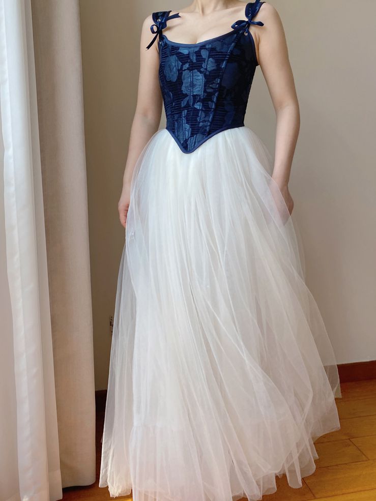 Dark Blue Scoop Neckline Corset with Floral Pattern