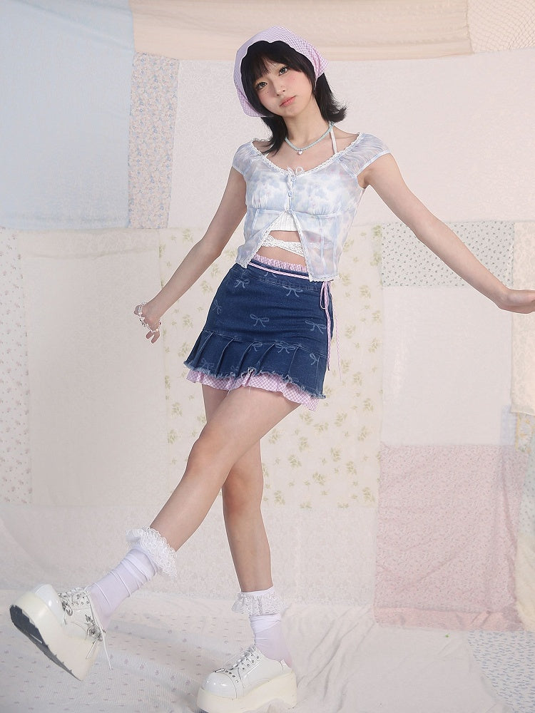 Blue Floral Print V-neck Top Lace Trim