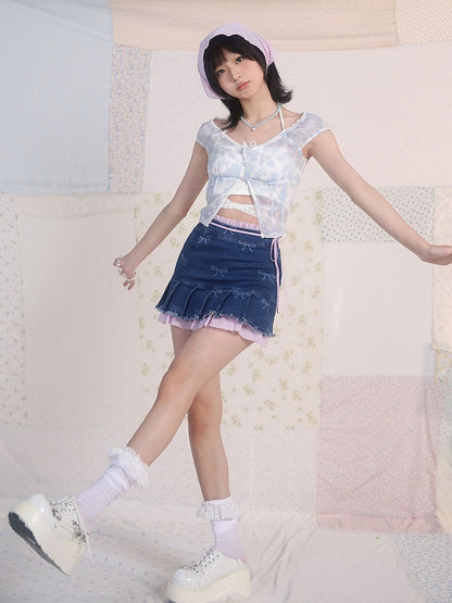 Blue Floral Print V-neck Top Lace Trim