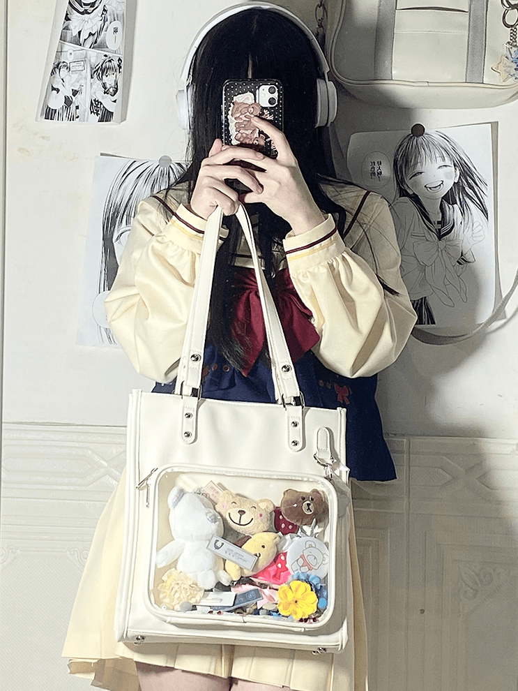 Milk White/Black Square PU Tote Ita Bag
