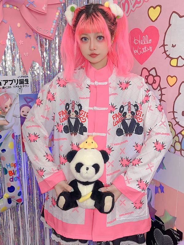 White/Black Panda Print Knot Buttons Banded Collar Jacket
