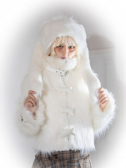 Punk Bone-shaped Buttons Belt Buckles Cuffs White Plush Coat