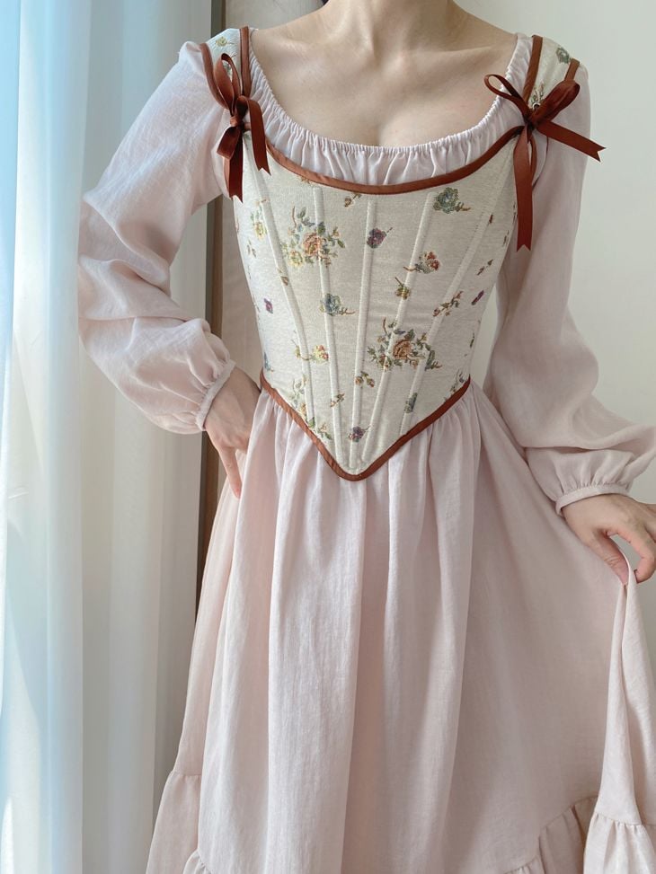 Beige Scoop Neckline Corset with Floral Pattern